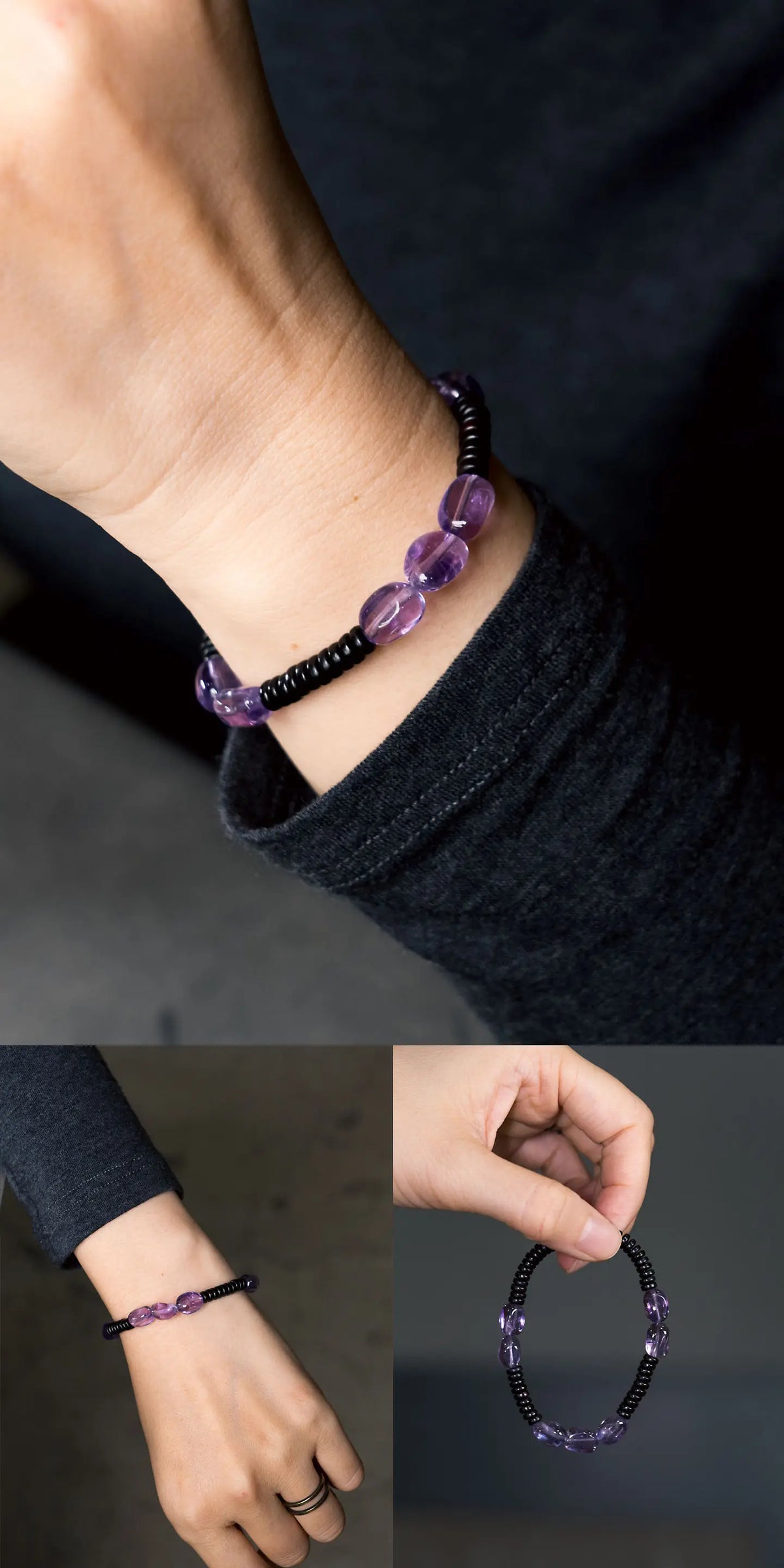 Bracelet Éclats d'Améthyste et Bois de Santal Noir – Minimaliste Fait Main