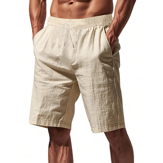 Short de détente homme en lin et coton coloris sable vue de face avec cordon de serrage