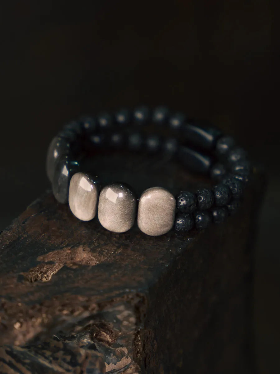 Bracelet Deux Rangs Obsidienne Plate, Pierre de Lave et Ébène – Style Punk Unisexe