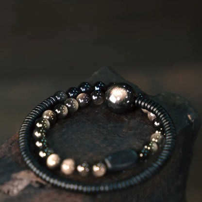Bracelet Deux Rangs Pierres d'Obsidienne et Perles d'Ébène – Simple, Duo de Couple