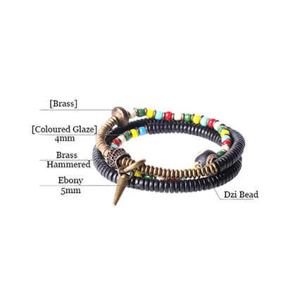Bracelet Tibétain Perle Dzi, Ébène et Verre Coloré – Vajra en Cuivre Martelé