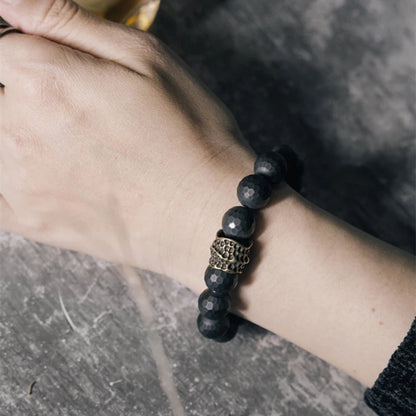 Bracelet Homme Agate Noire Mate 12 mm à Facettes et Laiton Vieilli – Grosses Perles