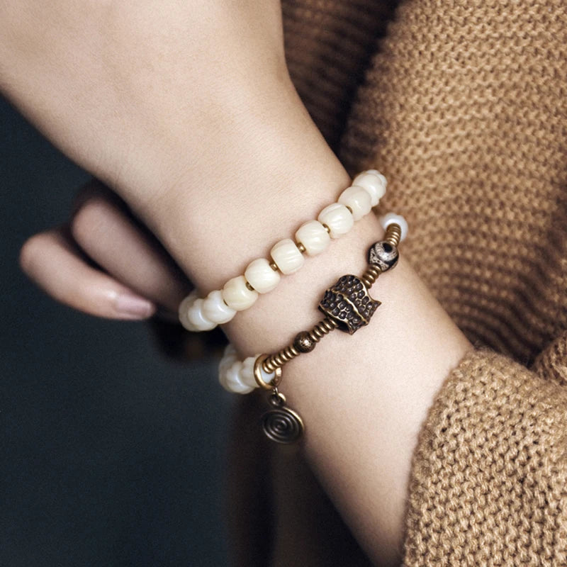 Bracelet Double Rang Os de Yak Tibétain et Cuivre Martelé – Paix et Énergie Positive
