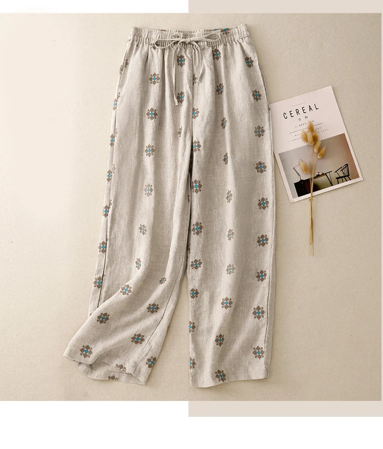 "Hanami" Pantalon femme en coton et lin imprimé | Taille haute, cordon ajustable, style décontracté été