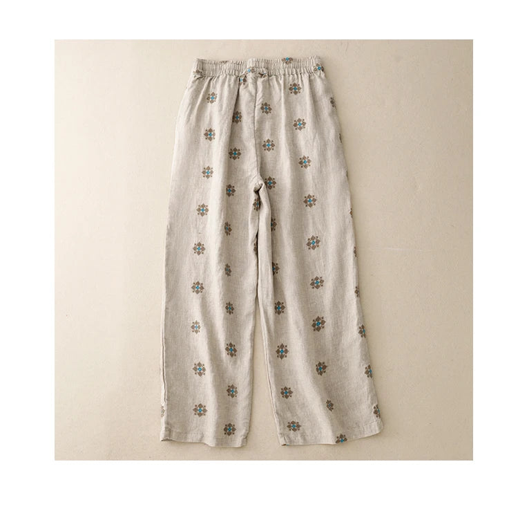 "Hanami" Pantalon femme en coton et lin imprimé | Taille haute, cordon ajustable, style décontracté été