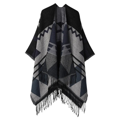 Poncho Oversize Géométrique en Laine Mélangée avec Franges