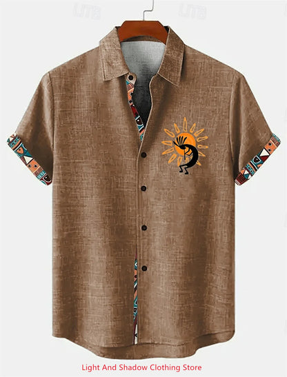 Chemise Lin Homme Beige Ethnique – Manches Courtes Été