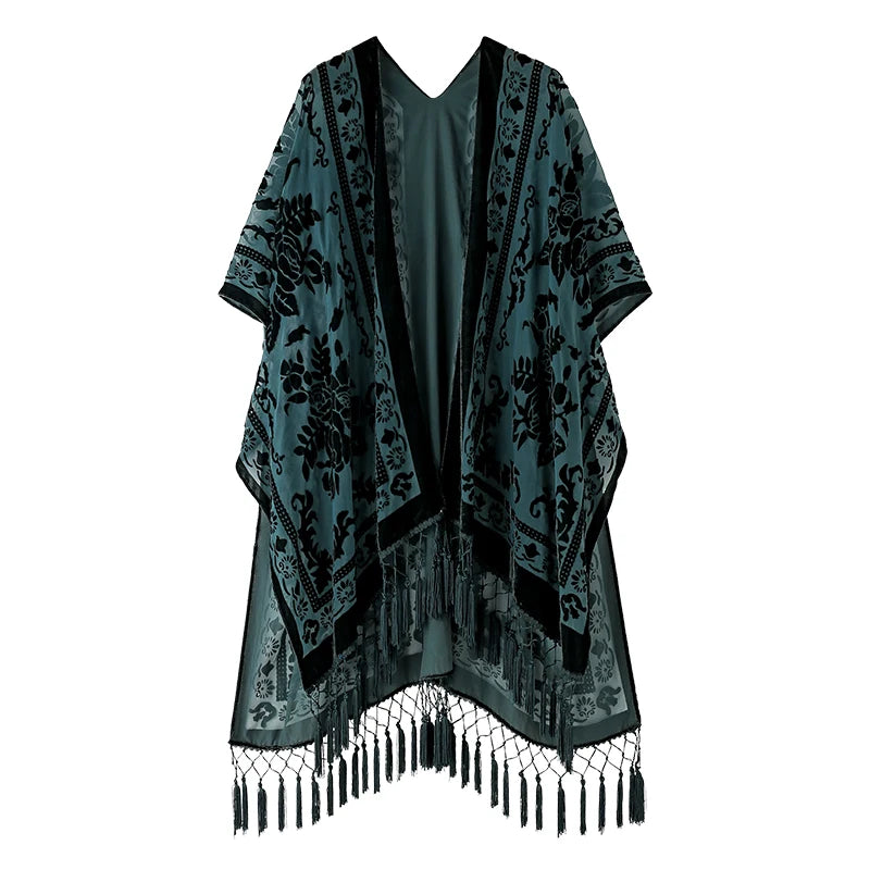 Kimono Long en Tulle Brodé - Élégance Bohème et Légèreté