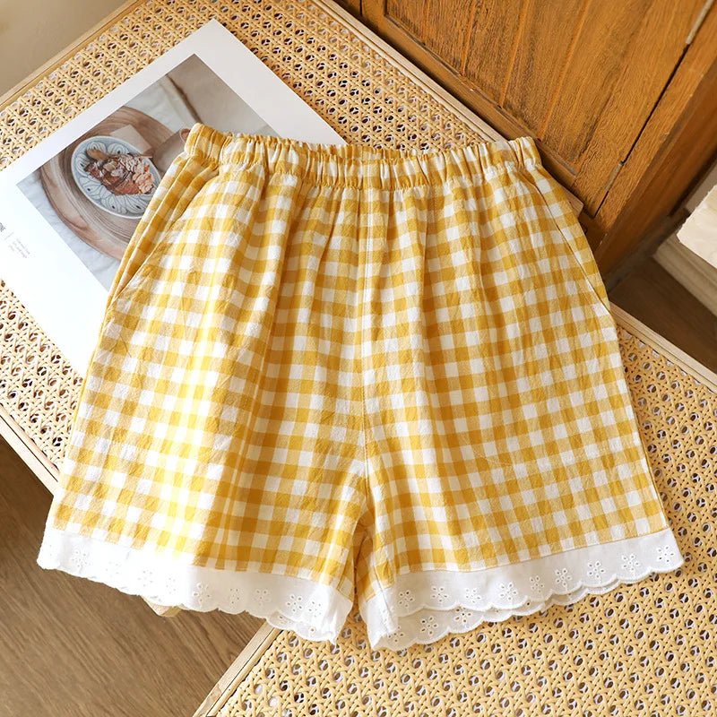 Short de Pyjama en Gaze de Coton et Dentelle