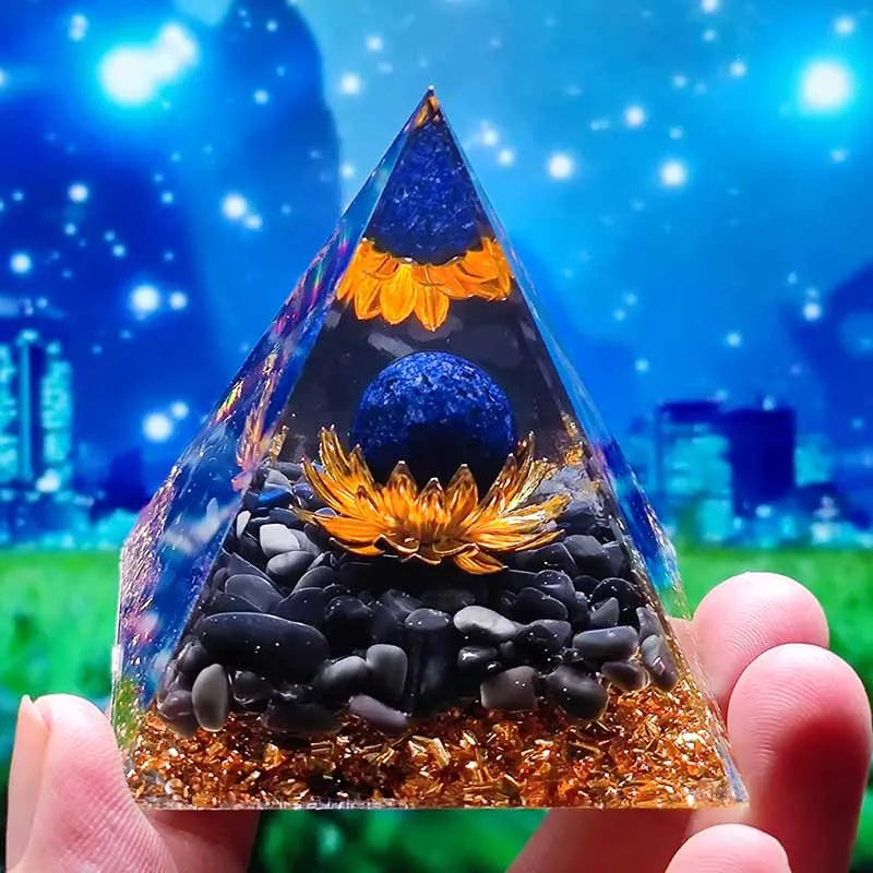 Pyramide d'Orgonite en Améthyste et Obsidienne
