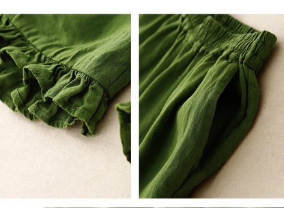 "Midori" Pantalon femme en coton et lin | Taille haute large, ourlet volant chic et léger