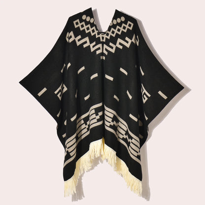 Poncho Ethnique à Franges - Style Bohème & Jacquard