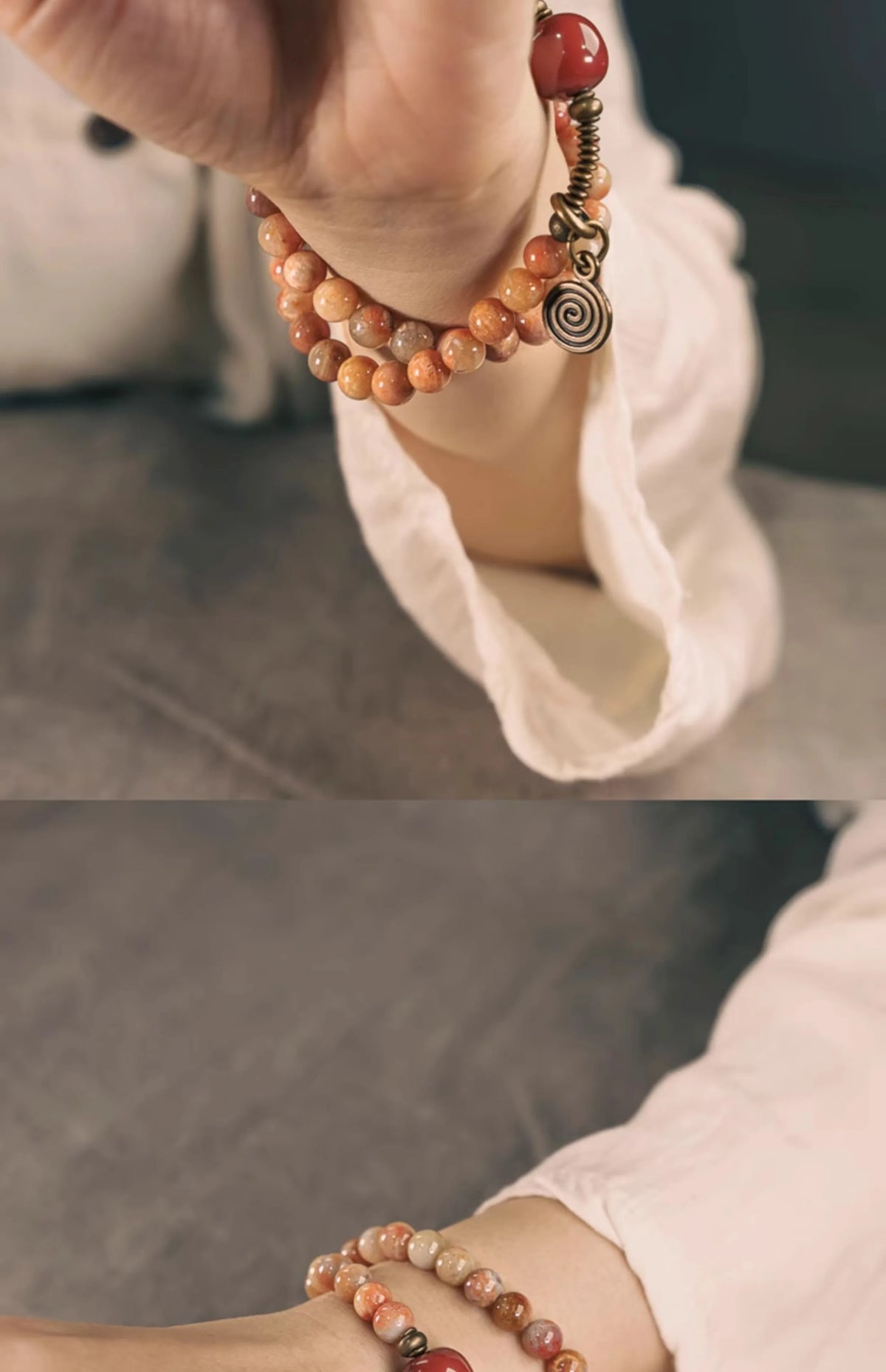 Bracelet Pierre Corail et Agate de Gobi avec Perles de Laiton – Bijou Oriental Unisexe
