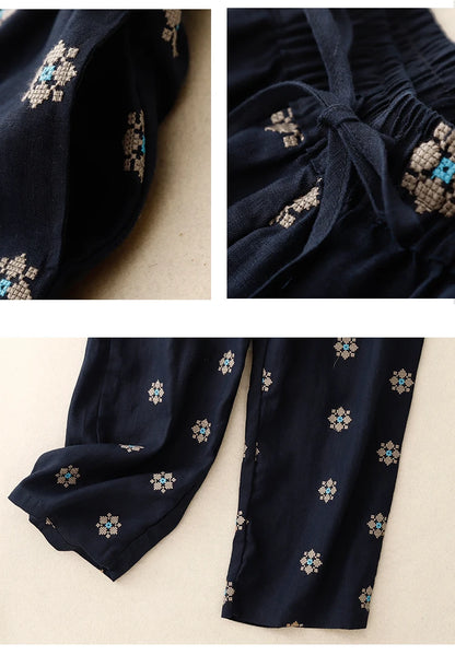 "Hanami" Pantalon femme en coton et lin imprimé | Taille haute, cordon ajustable, style décontracté été