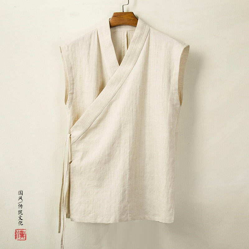 "Hotoko" sleeveless vest in linen and cotton