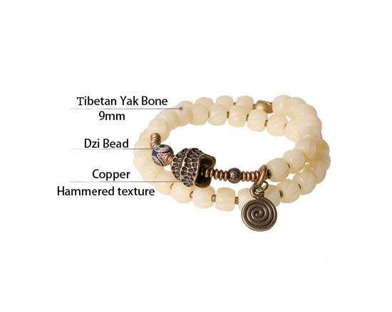 Bracelet Double Rang Os de Yak Tibétain et Cuivre Martelé – Paix et Énergie Positive