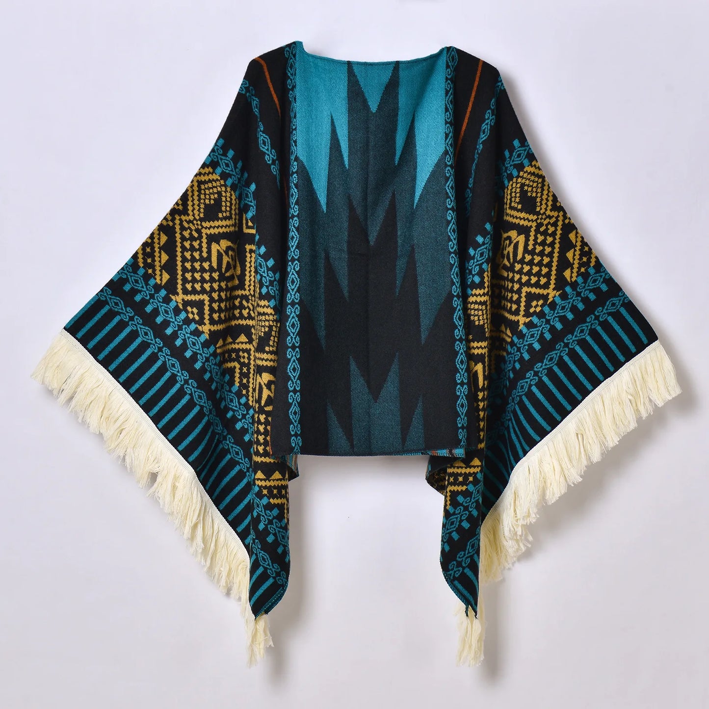 Poncho Ethnique à Franges - Style Bohème & Jacquard
