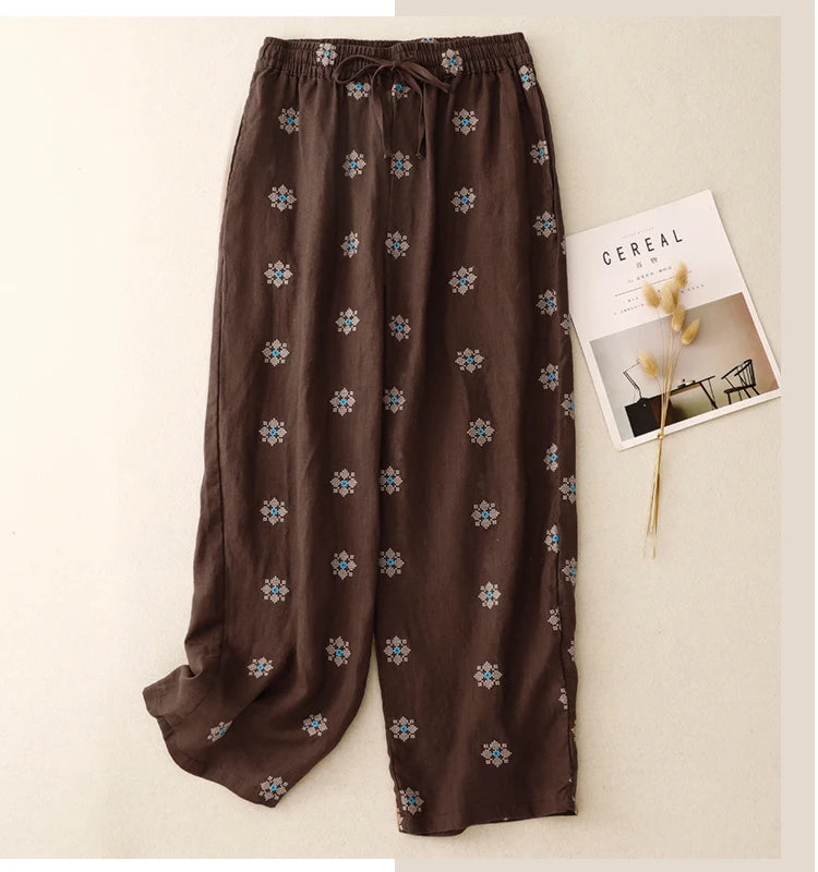 "Hanami" Pantalon femme en coton et lin imprimé | Taille haute, cordon ajustable, style décontracté été
