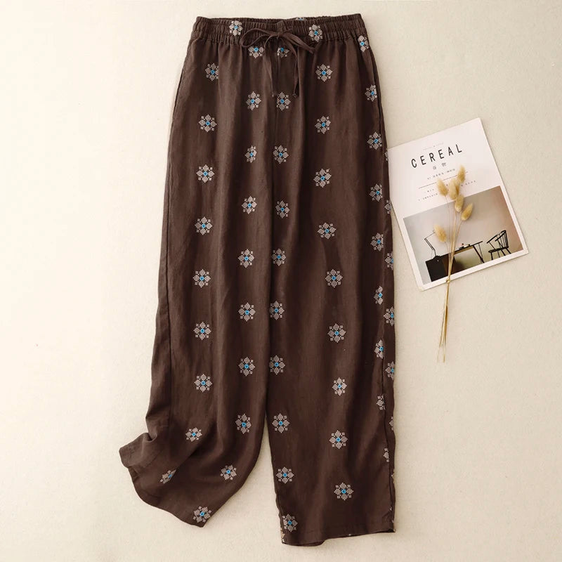 "Hanami" Pantalon femme en coton et lin imprimé | Taille haute, cordon ajustable, style décontracté été