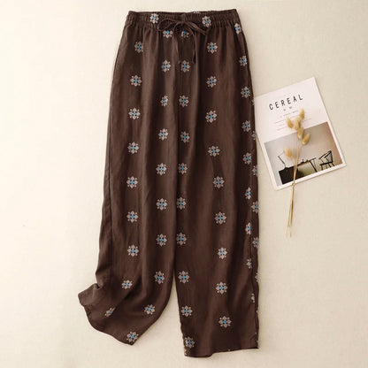 "Hanami" Pantalon femme en coton et lin imprimé | Taille haute, cordon ajustable, style décontracté été