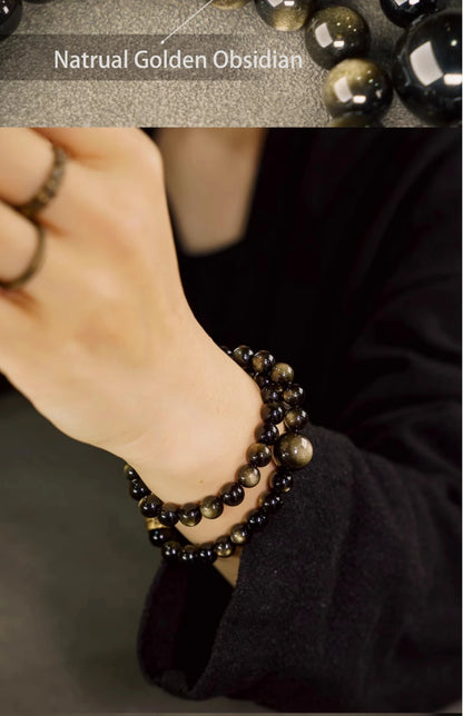 Bracelet Double Rang Obsidienne Dorée et Perles de Cuivre – Fait Main, Unisexe