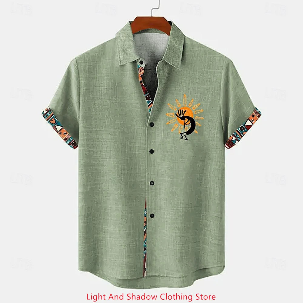 Chemise Lin Homme Beige Ethnique – Manches Courtes Été