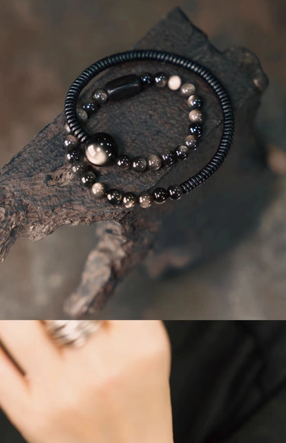 Bracelet Deux Rangs Pierres d'Obsidienne et Perles d'Ébène – Simple, Duo de Couple