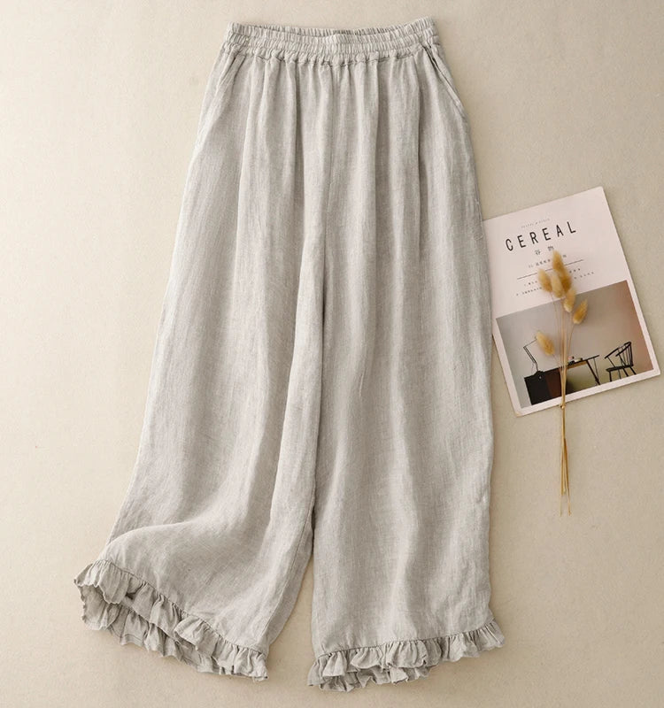 "Midori" Pantalon femme en coton et lin | Taille haute large, ourlet volant chic et léger