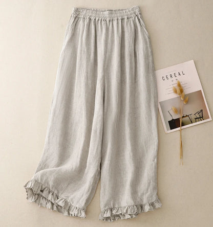 "Midori" Pantalon femme en coton et lin | Taille haute large, ourlet volant chic et léger
