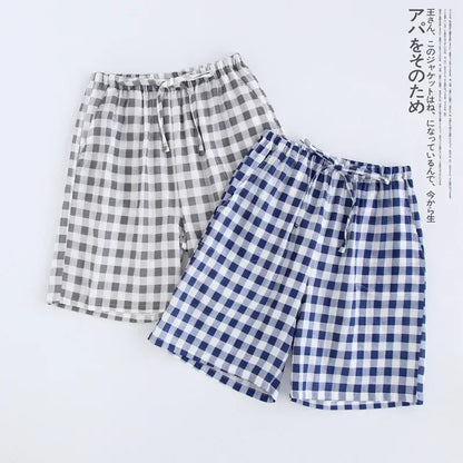 Duo de shorts de pyjama à carreaux gris et bleu en gaze de coton style japonais, taille élastique.