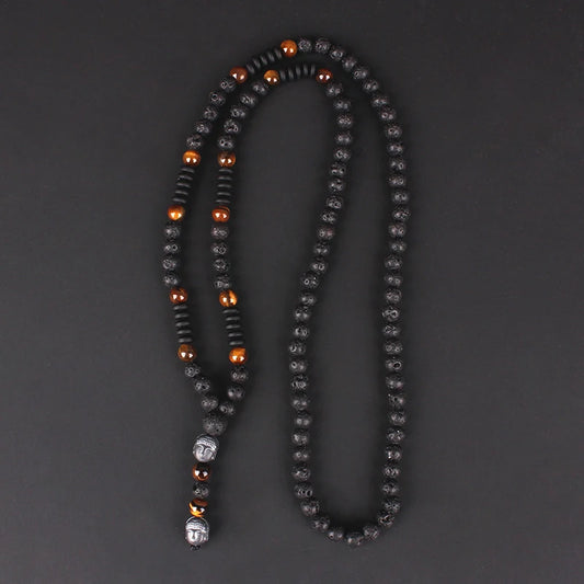 Mala Œil de Tigre & Pierre de Lave 6 mm – Pendentif Bouddha