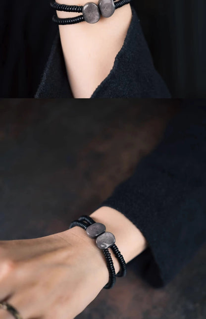 Bracelet Double Rang Obsidienne Noire et Bois d'Ébène – Tout Noir, Homme et Femme