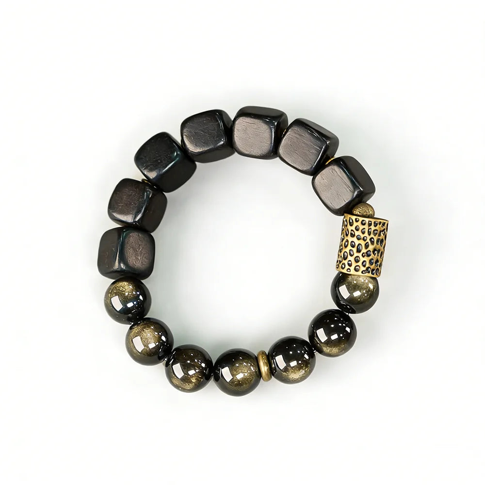 Bracelet Vintage Ébène et Obsidienne Dorée avec Accents de Laiton – Fait Main Unisexe