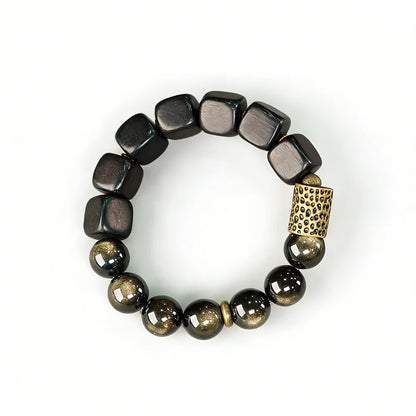 Bracelet Vintage Ébène et Obsidienne Dorée avec Accents de Laiton – Fait Main Unisexe