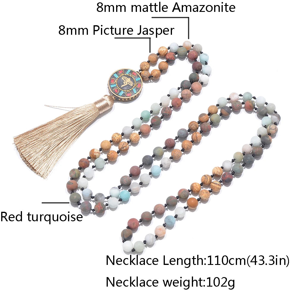 Mala "Harmonie des Éléments" en perle de Jaspe Jaune, Turquoise Rouge et Amazonite