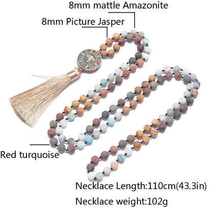 Mala "Harmonie des Éléments" en perle de Jaspe Jaune, Turquoise Rouge et Amazonite