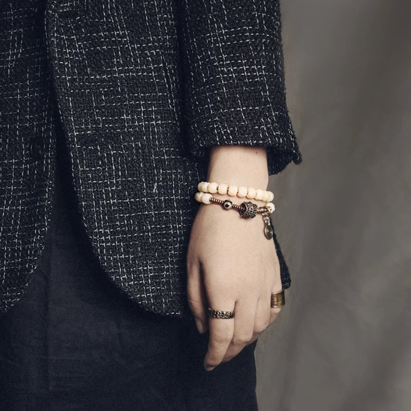 Bracelet Double Rang Os de Yak Tibétain et Cuivre Martelé – Paix et Énergie Positive