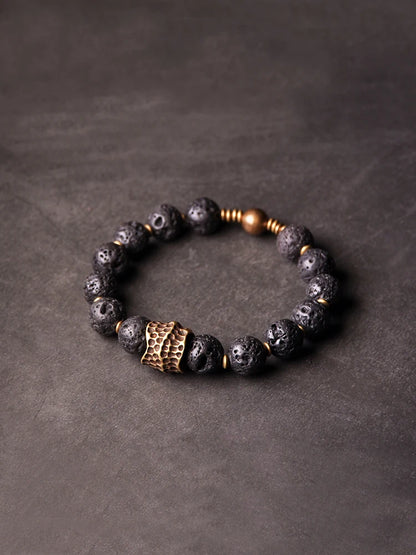 Bracelet Homme Pierre de Lave Volcanique et Laiton Vintage – Diffuseur d'Huiles, Jusqu'au 22 cm
