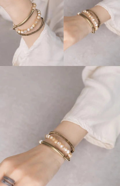 Bracelet Triple Tour Coquillage Naturel 6 mm et Laiton Vintage – Bohème pour Femme