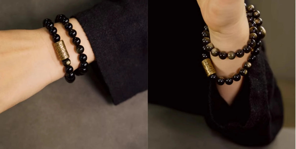 Bracelet Double Rang Obsidienne Dorée et Perles de Cuivre – Fait Main, Unisexe