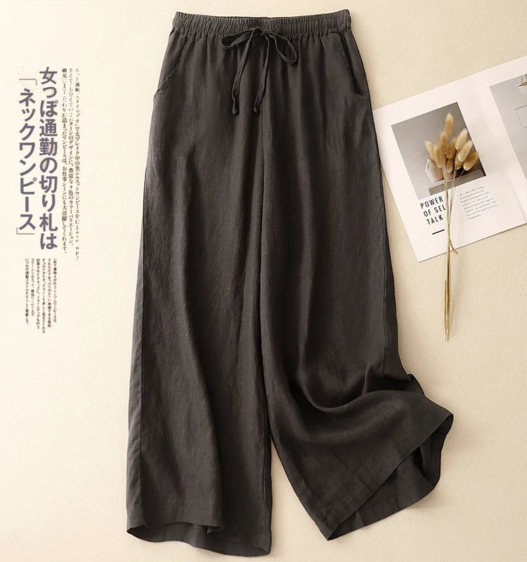 "Hikari" Pantalon large femme en coton et lin | Taille haute fluide, simple et élégant