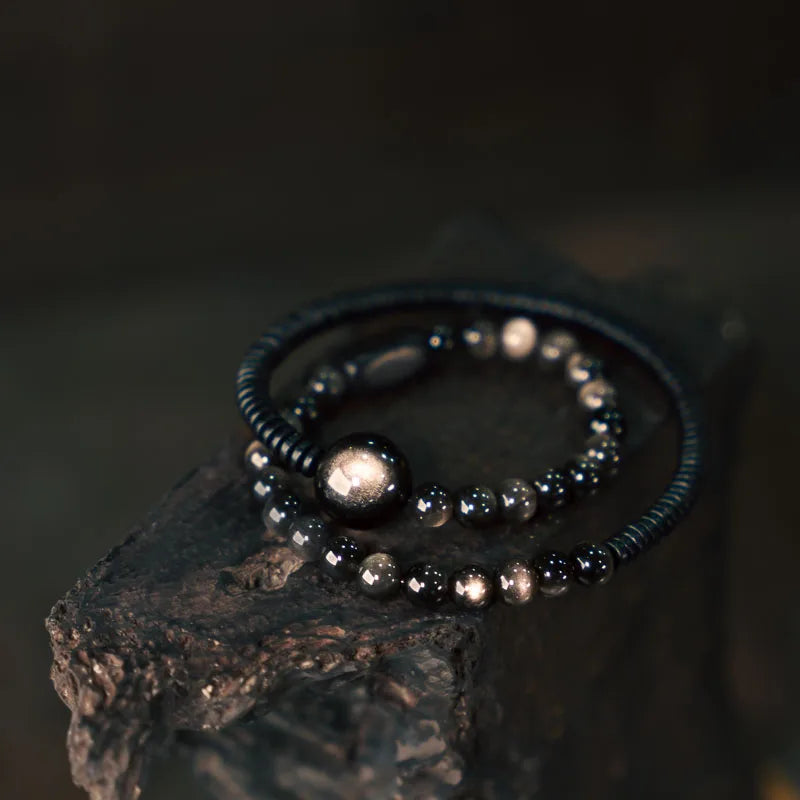 Bracelet Deux Rangs Pierres d'Obsidienne et Perles d'Ébène – Simple, Duo de Couple
