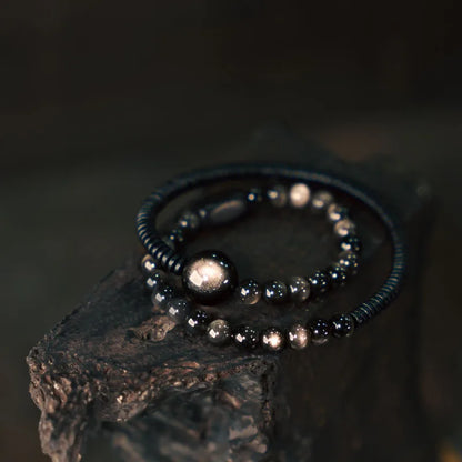 Bracelet Deux Rangs Pierres d'Obsidienne et Perles d'Ébène – Simple, Duo de Couple