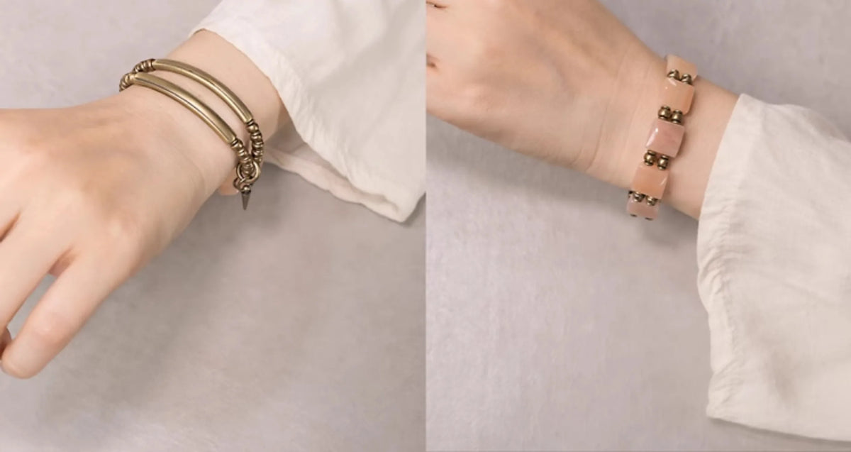 Bracelet Double Rang Quartz Rose Carré et Laiton Vintage – Cadeau pour Femme