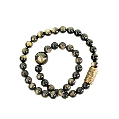 Bracelet Double Rang Obsidienne Dorée et Perles de Cuivre – Fait Main, Unisexe