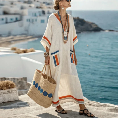 Robe Kaftan Longue Femme Coton Gaze Écru Rayures Ethniques