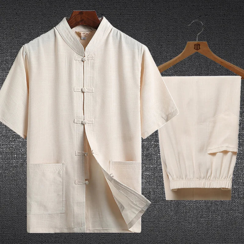 Ensemble Hanfu homme en lin et coton beige avec chemise col Mao et pantalon assorti
