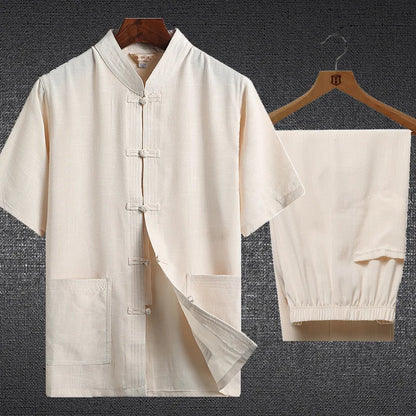 Ensemble Hanfu homme en lin et coton beige avec chemise col Mao et pantalon assorti