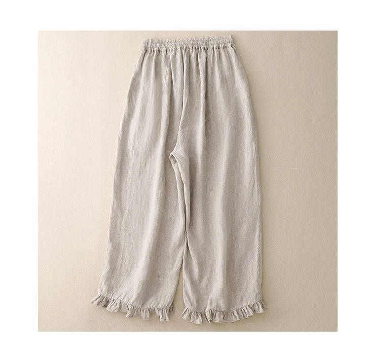 "Midori" Pantalon femme en coton et lin | Taille haute large, ourlet volant chic et léger