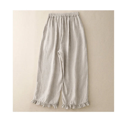 "Midori" Pantalon femme en coton et lin | Taille haute large, ourlet volant chic et léger